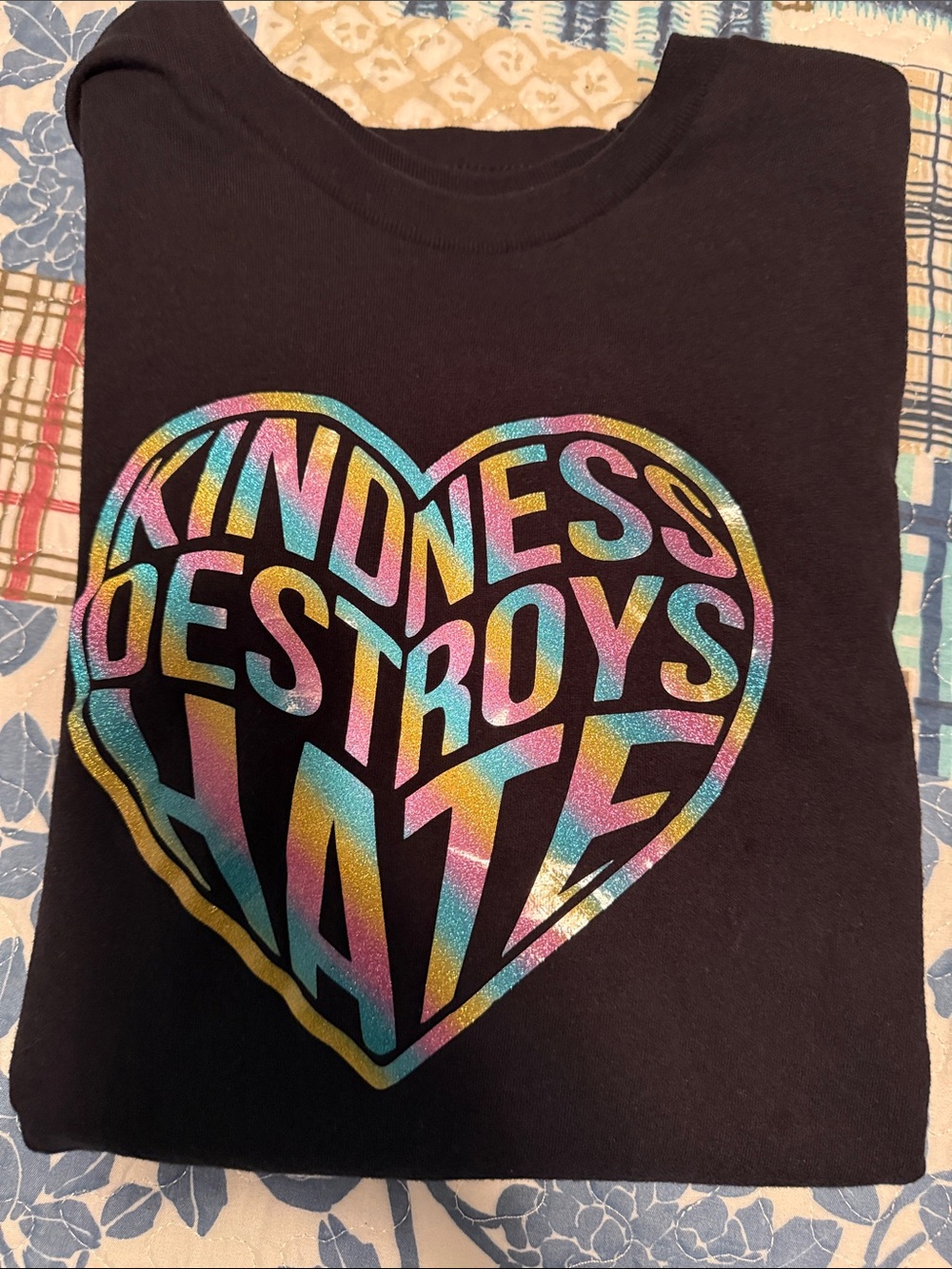 Gildan Black Adult Tee with Multicolor Iridescent Heart Graphic-Kindness